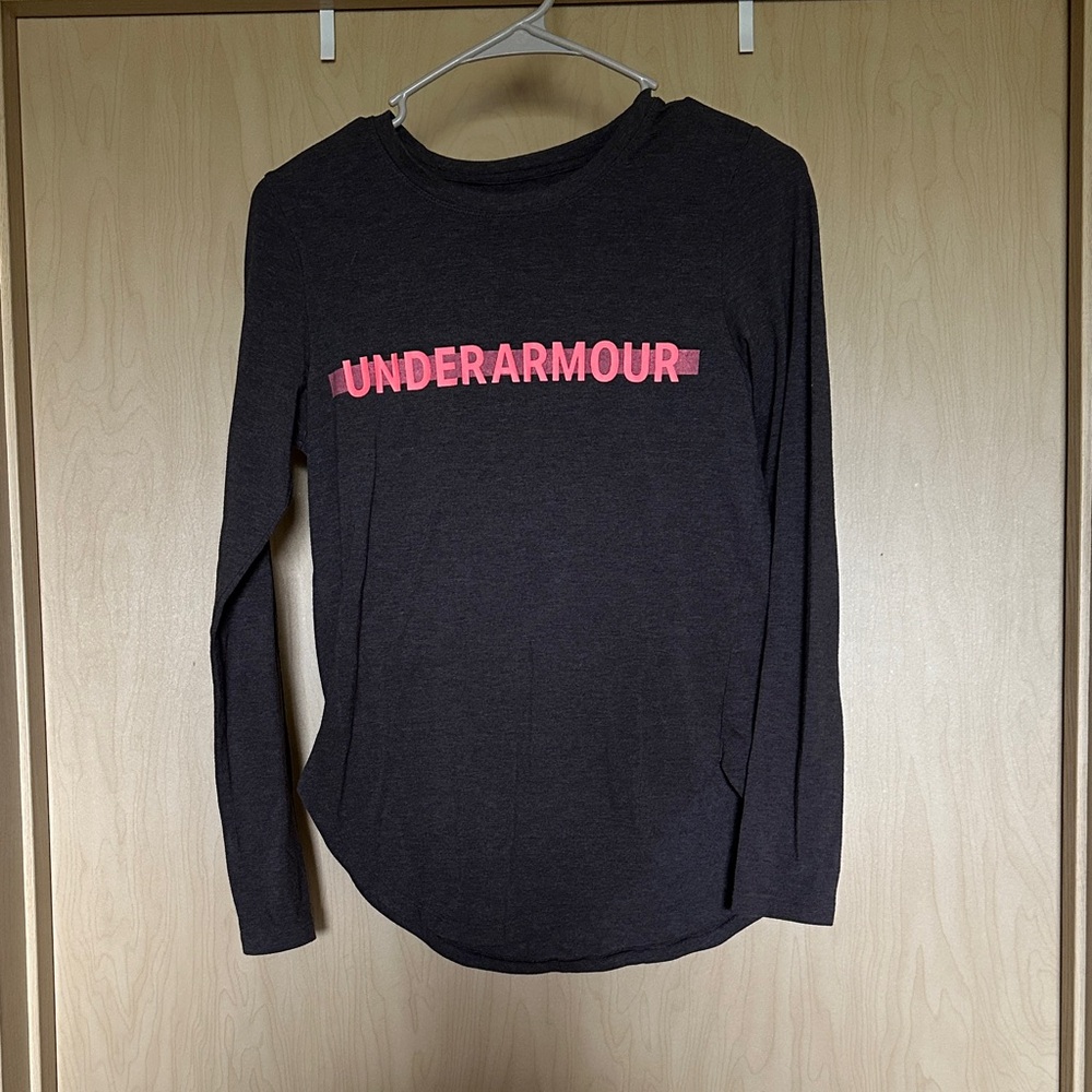 Under Armour Charcoal Long Sleeve Tee with Pink Logo